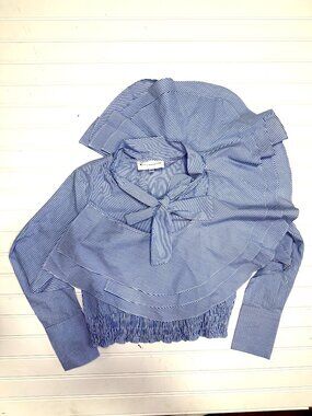 Stylekeepers Blue Stripe Ruffle Crop Top Tie Neck Blouse XS